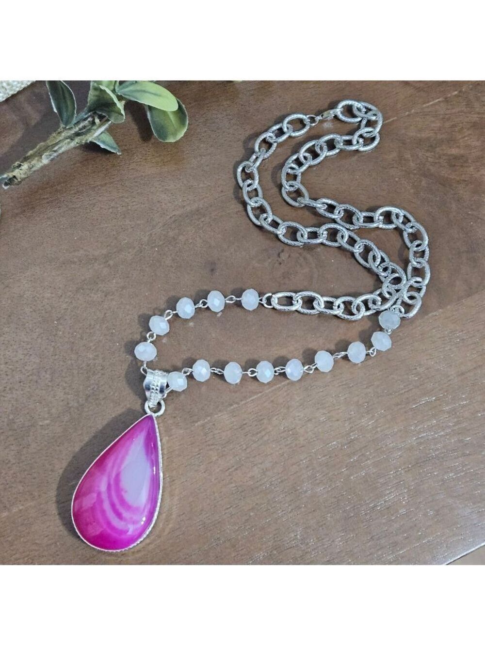 Pink Agate Teardrop Silver Plated Pendant Necklace